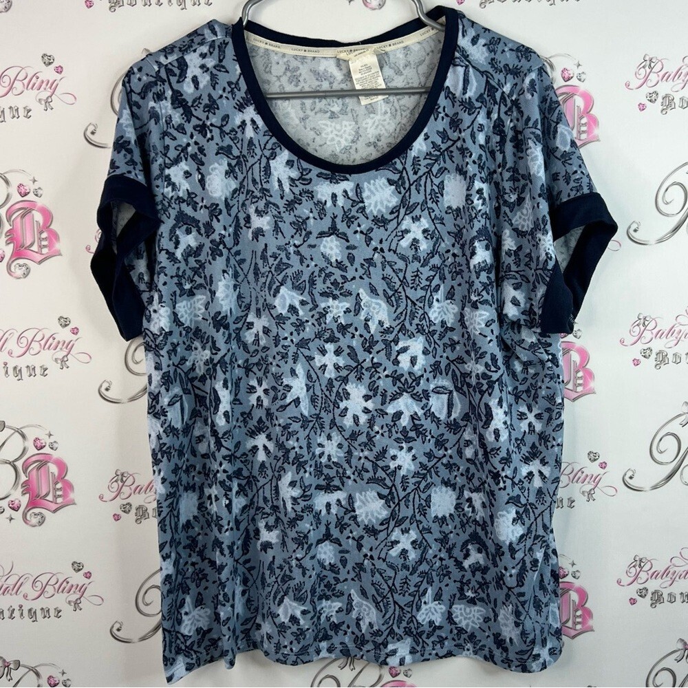 Lucky Brand tshirt tee flowers flowy tropical Navy Floral Short Sleeve Top